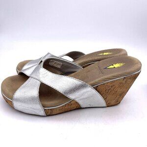 Volatile Open Toe Cork Wedge Heel Slide Sandal Women Size 8 Silver Tone Leather